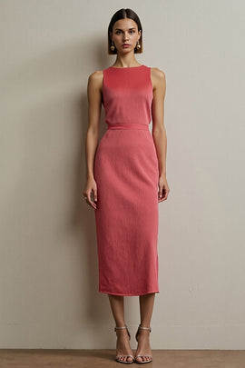 Simple Red Pencil Round Neck Midi Work Dress