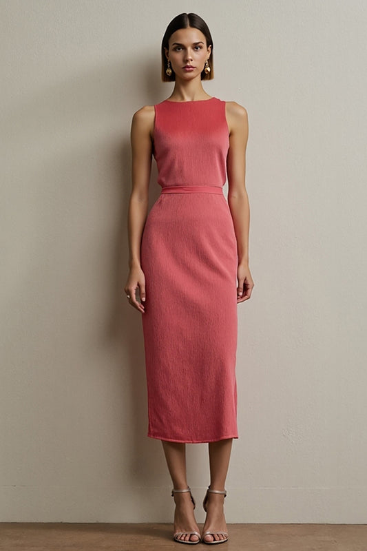 Simple Red Pencil Round Neck Midi Work Dress