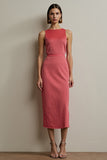 Simple Red Pencil Round Neck Midi Work Dress