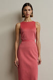 Simple Red Pencil Round Neck Midi Work Dress