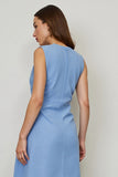 Blue A Line Round Neck Midi Work Dress with Pockets