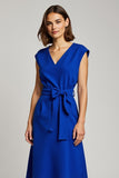 Royal Blue V-Neck Cap Sleeves Midi Work Dress with Bow