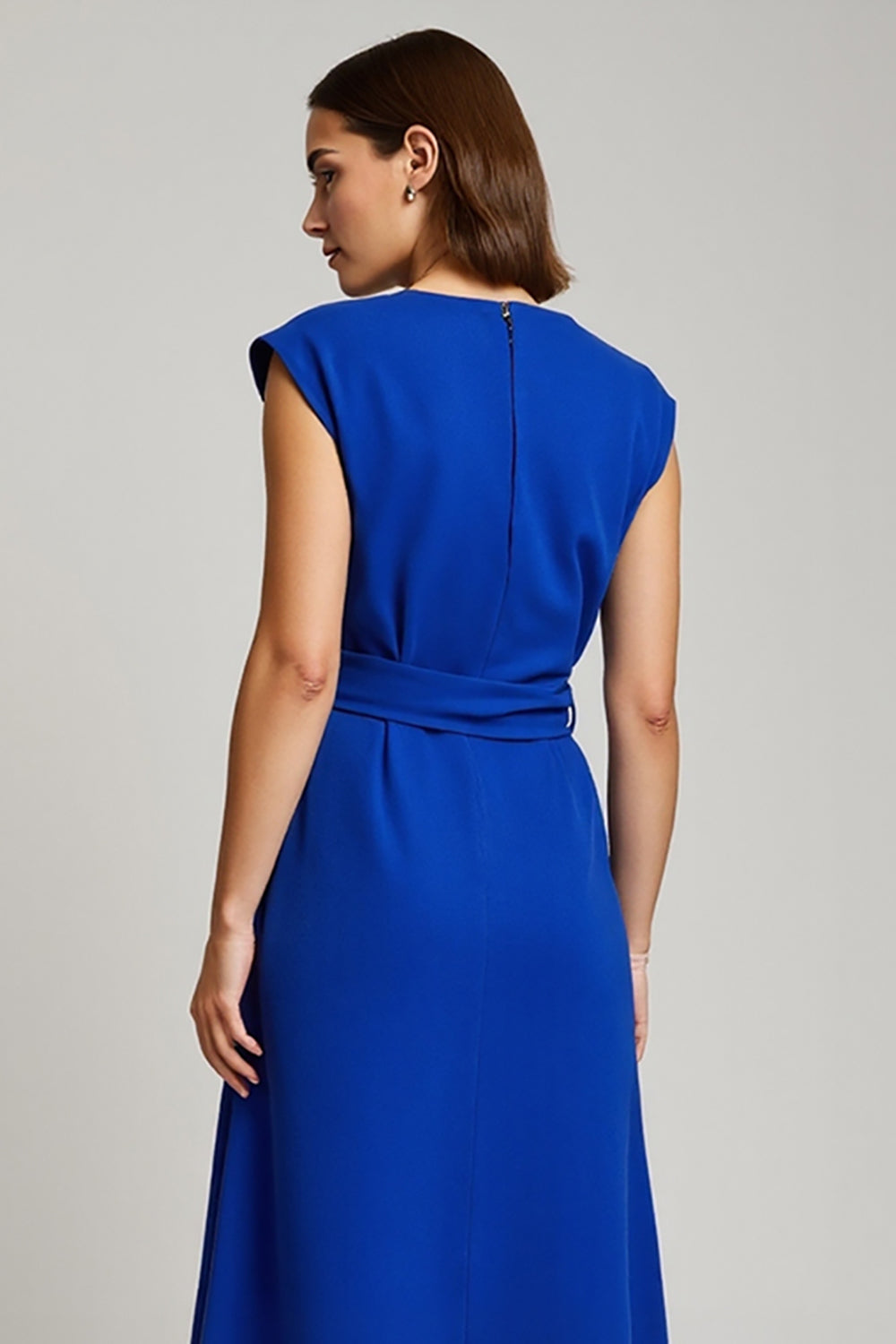 Royal Blue V-Neck Cap Sleeves Midi Work Dress with Bow