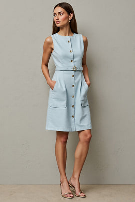 Light Blue Bodycon Round Neck Short Work Dress with Belt