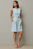 Light Blue Bodycon Round Neck Short Work Dress with Belt