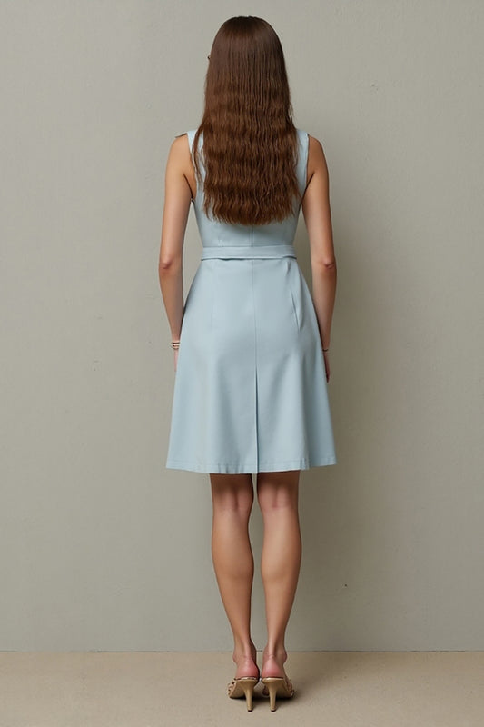 Light Blue Bodycon Round Neck Short Work Dress with Belt