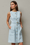 Light Blue Bodycon Round Neck Short Work Dress with Belt