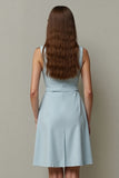 Light Blue Bodycon Round Neck Short Work Dress with Belt