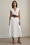 White A Line V-Neck Maxi Work Dress with Belt