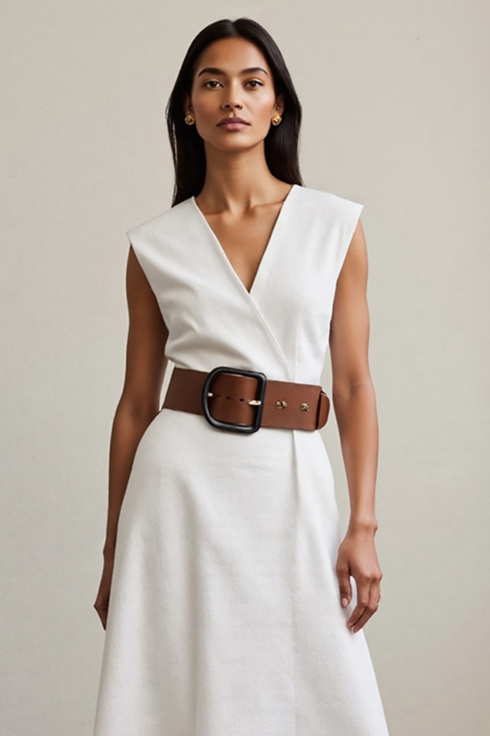 White A Line V-Neck Maxi Work Dress with Belt