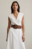 White A Line V-Neck Maxi Work Dress with Belt
