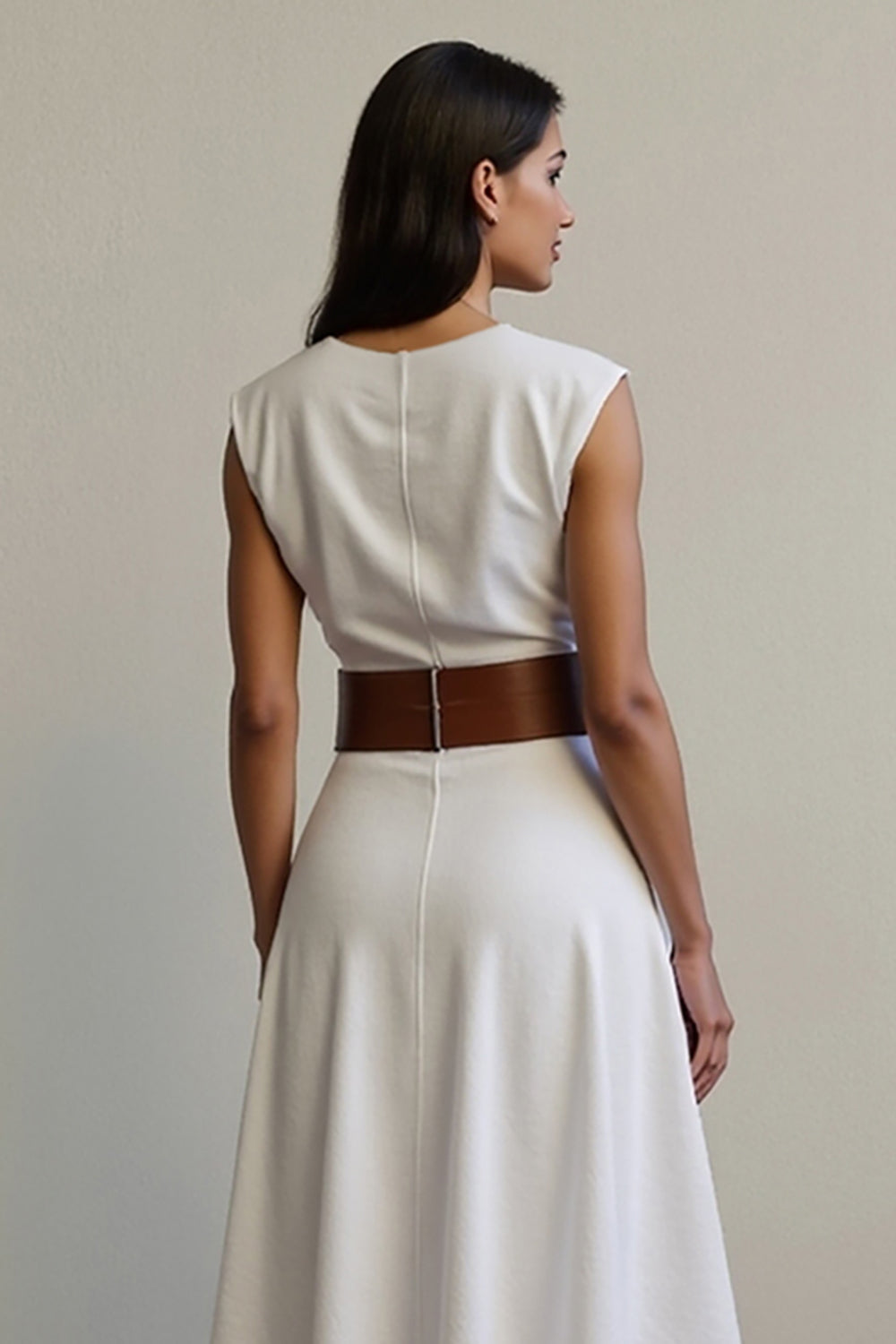 White A Line V-Neck Maxi Work Dress with Belt