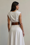 White A Line V-Neck Maxi Work Dress with Belt