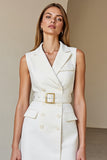 White Pencil Peak Lapel Short Blazer Dress with Belt