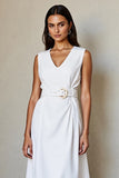 White V-Neck Midi A Line Work Dress with Belt