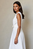 White V-Neck Midi A Line Work Dress with Belt