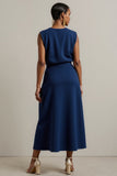 Simple Navy Round Neck Maxi Pencil Work Dress