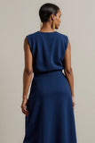 Simple Navy Round Neck Maxi Pencil Work Dress