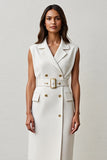 White Pencil Notched Lapel Midi Blazer Dress with Belt