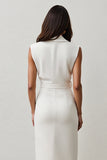 White Pencil Notched Lapel Midi Blazer Dress with Belt