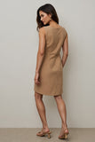 Camel Round Neck Short Pencil Work Dress with Pockets