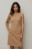 Camel Round Neck Short Pencil Work Dress with Pockets