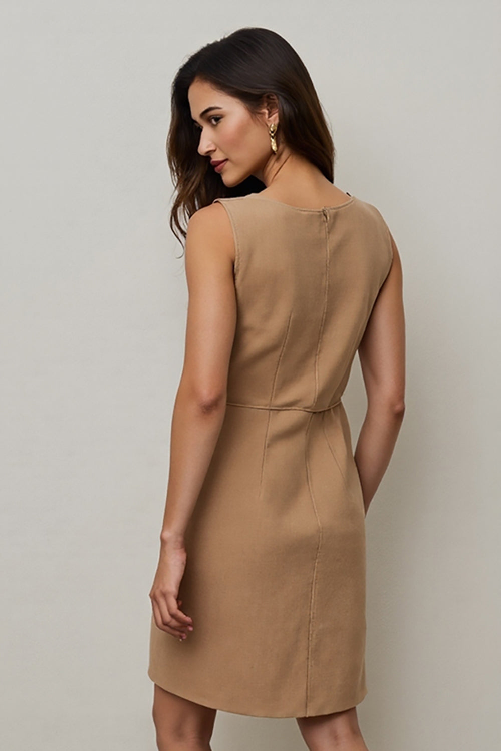 Camel Round Neck Short Pencil Work Dress with Pockets