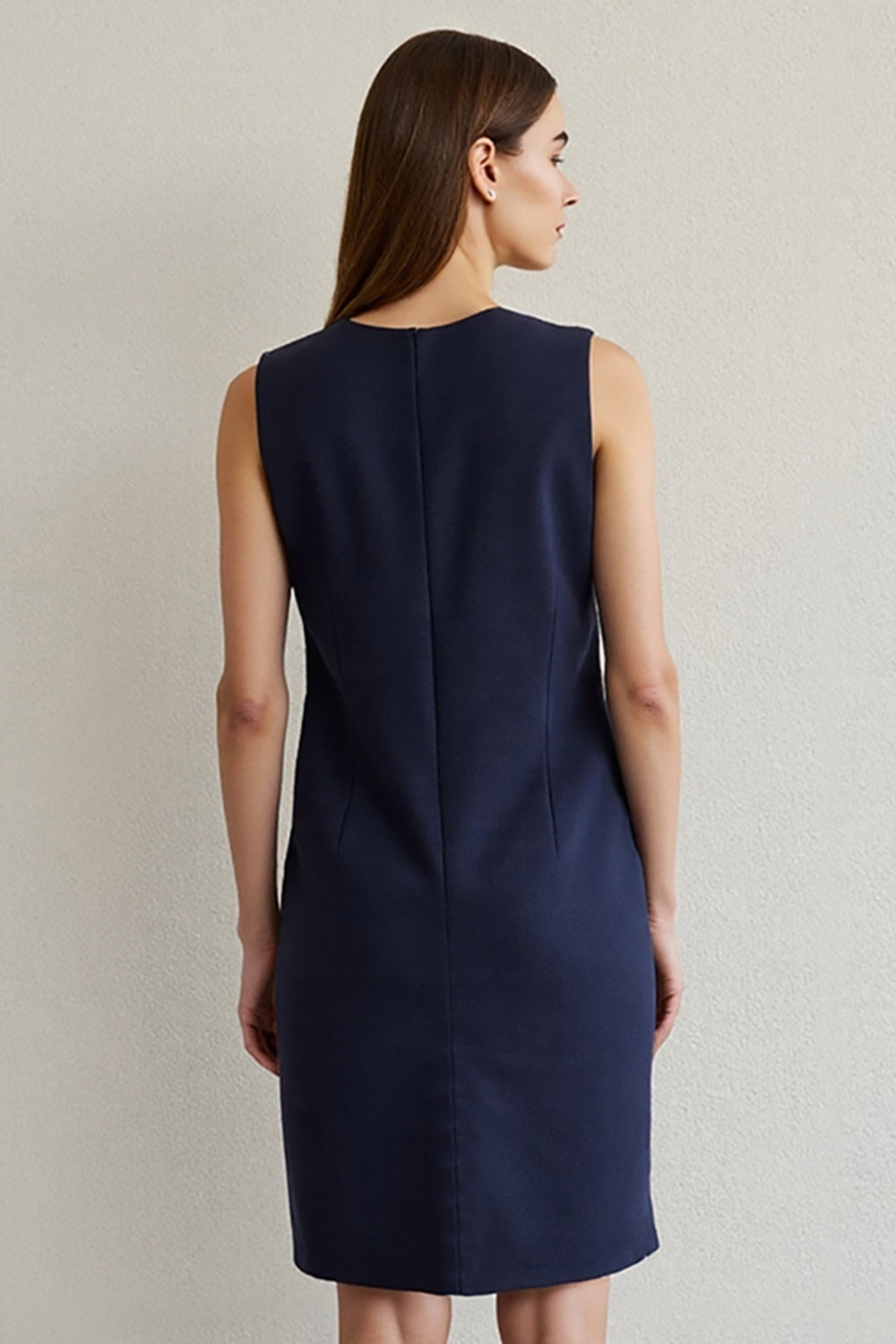 Navy Round Neck Short Pencil Work Dress