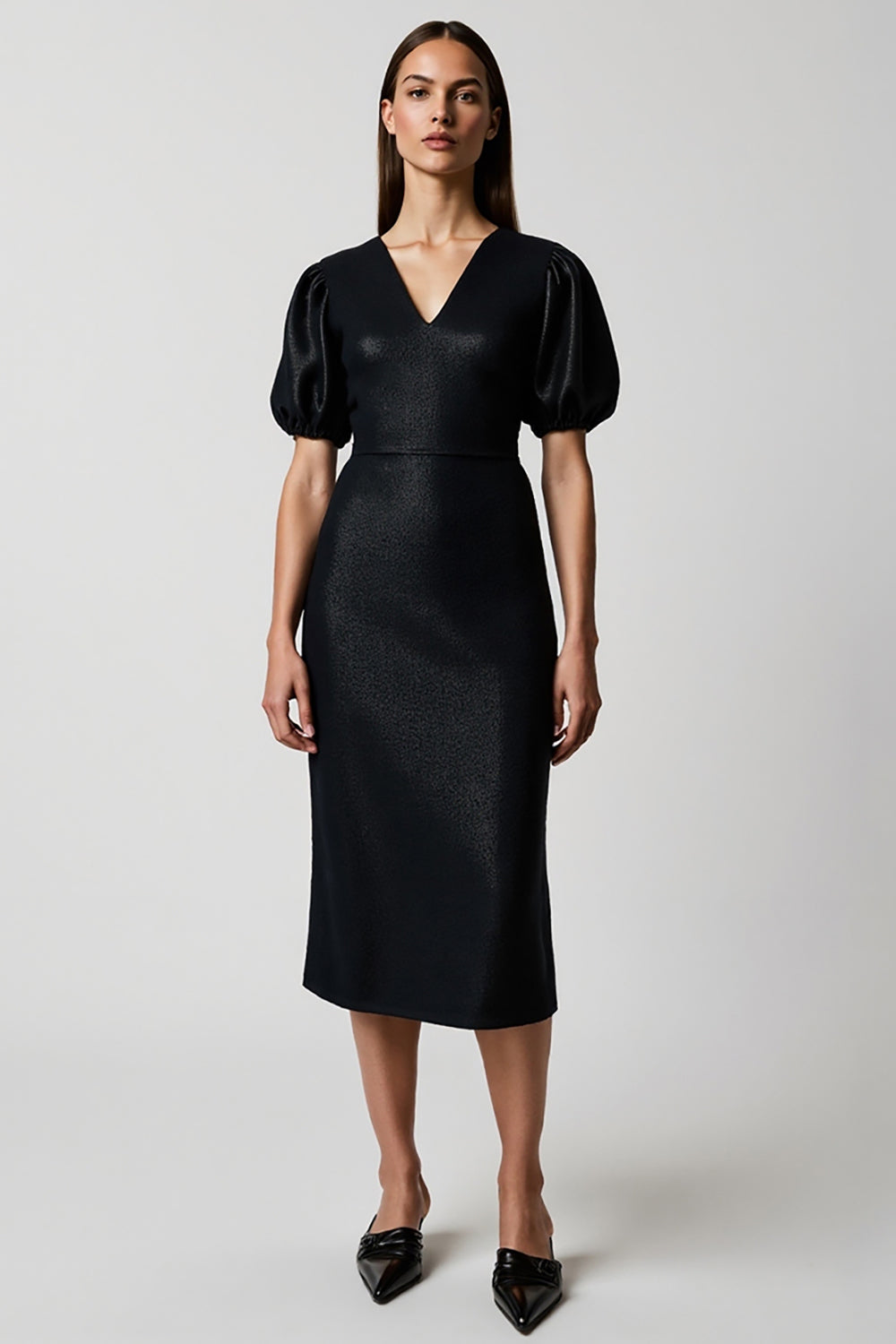 Black V-Neck Pencil Short Sleeves Midi Work Dress
