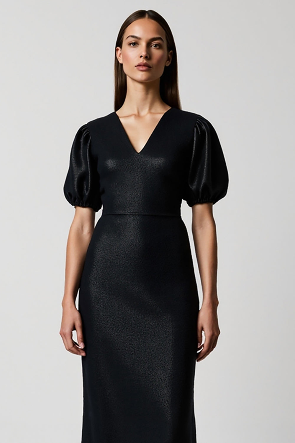 Black V-Neck Pencil Short Sleeves Midi Work Dress