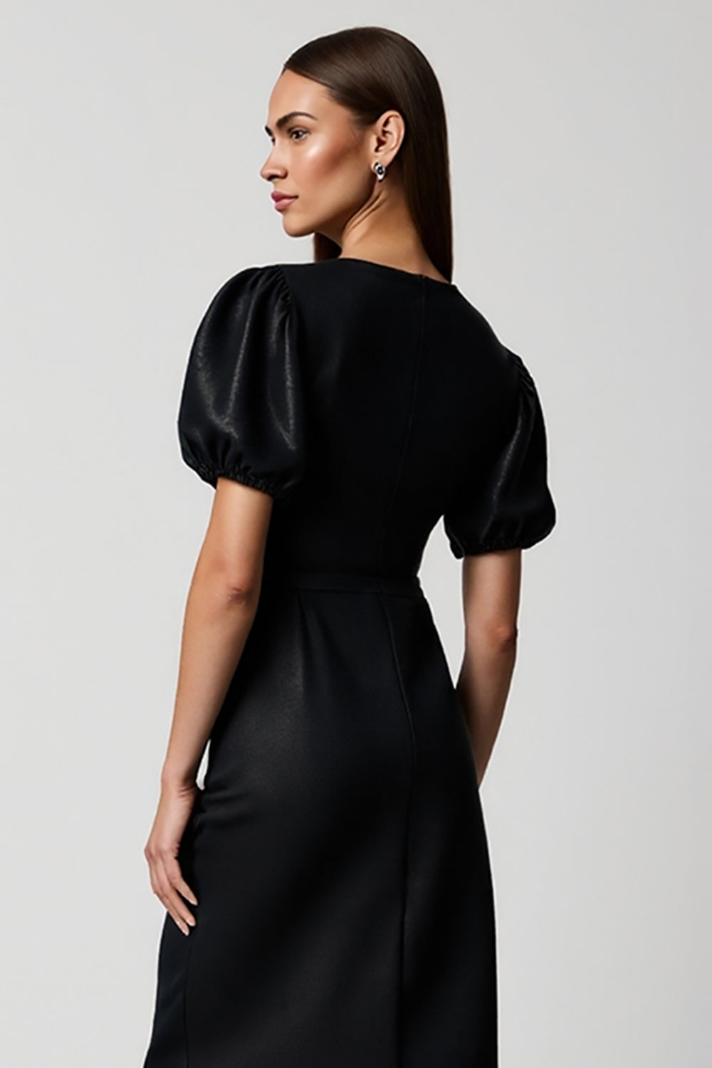 Black V-Neck Pencil Short Sleeves Midi Work Dress