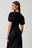 Black V-Neck Pencil Short Sleeves Midi Work Dress