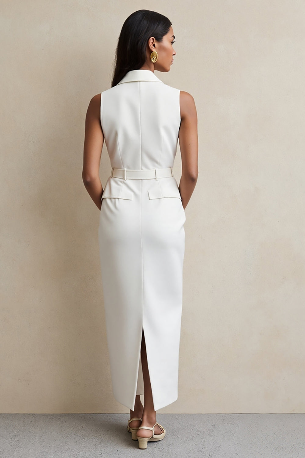 White Notched Lapel Maxi Pencil Blazer Dress with Button