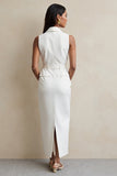 White Notched Lapel Maxi Pencil Blazer Dress with Button