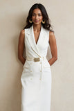 White Notched Lapel Maxi Pencil Blazer Dress with Button