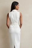 White Notched Lapel Maxi Pencil Blazer Dress with Button