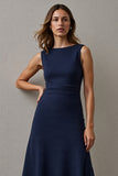 Simple Navy Bateau Neck A Line Maxi Work Dress