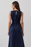 Simple Navy Bateau Neck A Line Maxi Work Dress