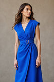 Royal Blue Cap Sleeves V-Neck Midi Work Dress with Belt