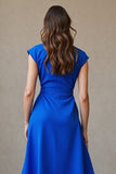 Royal Blue Cap Sleeves V-Neck Midi Work Dress with Belt