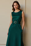 Dark Green Round Neck Satin Maxi Work Dress with Pockets