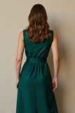Dark Green Round Neck Satin Maxi Work Dress with Pockets