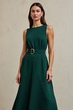 Dark Green Round Neck A Line Maxi Work Dress with Belt