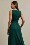 Dark Green Round Neck A Line Maxi Work Dress with Belt