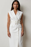 White Notched Lapel Midi Pencil Blazer Dress with Belt