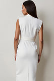 White Notched Lapel Midi Pencil Blazer Dress with Belt