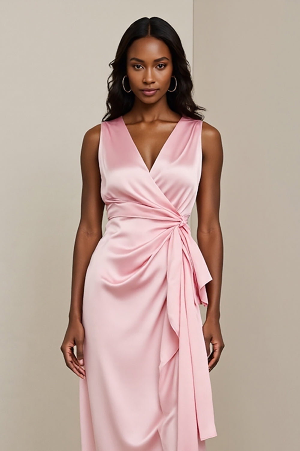 Pink Sheath Satin Midi Wedding Guest Dress with Sash
