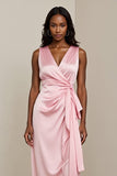 Pink Sheath Satin Midi Wedding Guest Dress with Sash