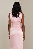 Pink Sheath Satin Midi Wedding Guest Dress with Sash