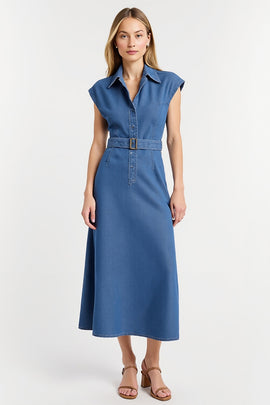 Grey Blue Cap Sleeves Maxi Bodycon Work Dress with Belt